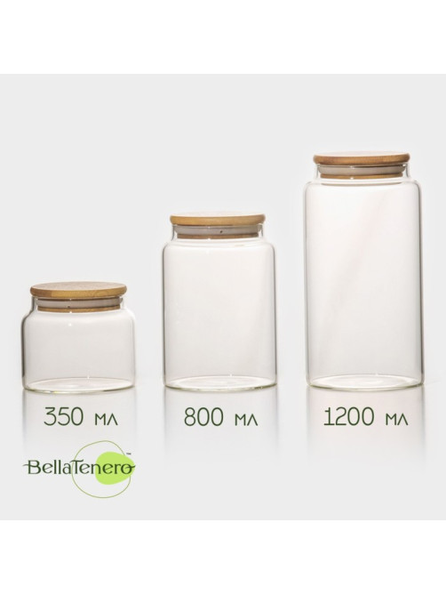 Банки для сыпучих BellaTenero «Эко», набор 3 шт.: 350/800/1200 мл, с бамбуковой крышкой, стекло, прозрачные