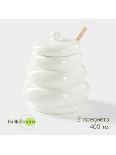Ёмкость для мёда BellaTenero «Бочонок», 400 мл, с ложкой, фарфор, белая