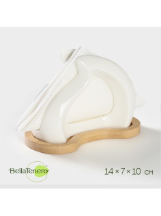 Салфетница BellaTenero, 14×7×10 см, на бамбуковой подставке, керамика, белая