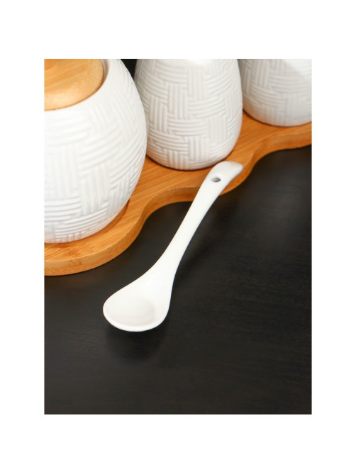 Набор фарфоровый для специй на бамбуковой подставке BellaTenero, 3 предмета: солонка 70 мл, перечница 70 мл, сахарница с ложкой 260 мл, белый