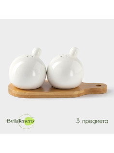 Набор для специй на бамбуковой подставке BellaTenero «Шарики», 2 предмета: солонка 100 мл, перечница 100 мл, фарфор, белый