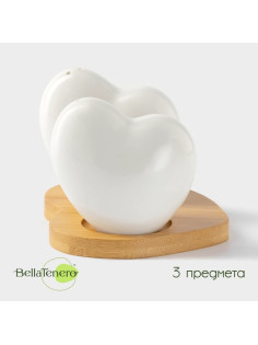 Набор для специй на подставке BellaTenero «Тепло сердец», 2 предмета: солонка 75 мл, перечница 75 мл, фарфор, белый