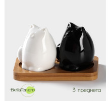 Набор фарфоровый для специй на бамбуковой подставке BellaTenero «Котики», 3 предмета: солонка, перечница, подставка, белый, чёрный