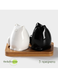 Набор фарфоровый для специй на бамбуковой подставке BellaTenero «Котики», 3 предмета: солонка, перечница, подставка, белый, чёрный