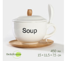 Супница BellaTenero, 450 мл, 15×11.5×7.5 см, с ложкой, на бамбуковой подставке, фарфор, белая