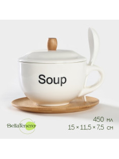 Супница BellaTenero, 450 мл, 15×11.5×7.5 см, с ложкой, на бамбуковой подставке, фарфор, белая