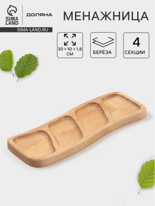Менажница прямоугольная Доляна, 30×10×1.8 см, 4 секции, дерево берёза