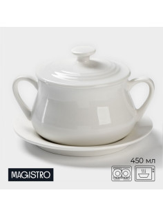 Бульонница фарфоровая Magistro «Бланш», 2 предмета: бульонница 450 мл, блюдце d=15.7 см, белое