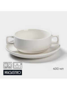 Бульонница с блюдцем Magistro «Бланш», 400 мл, блюдце d=18 см, фарфор, белая
