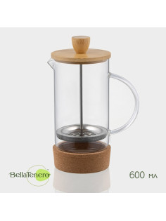 Заварочный чайник френч-пресс BellaTenero «Эко cork», 600 мл, с бамбуковой крышкой и подставкой, стекло
