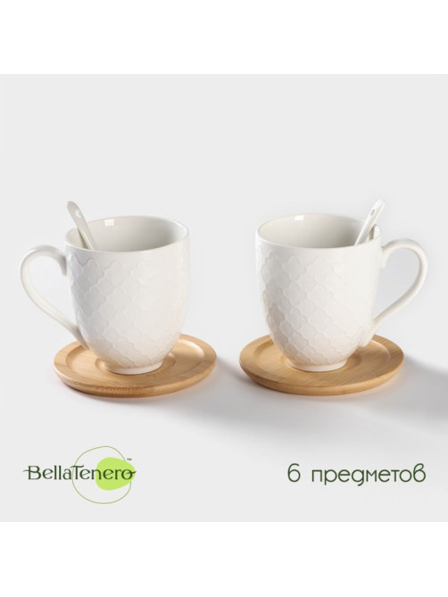 Чайный сервиз BellaTenero, на 2 персоны, 6 предметов: 2 чашки 350 мл, 2 блюдца d=12 см, 2 ложки, на бамбуковой подставке, керамика, белый