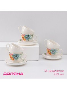 Сервиз чайный Доляна «Пташка», 12 предметов: 6 чашек 250 мл, 6 блюдец d=15 см, фарфор, белый