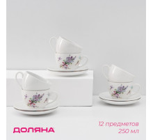 Сервиз чайный Доляна «Лаванда», 12 предметов: 6 чашек 250 мл, 6 блюдец d=15 см, фарфор, белый