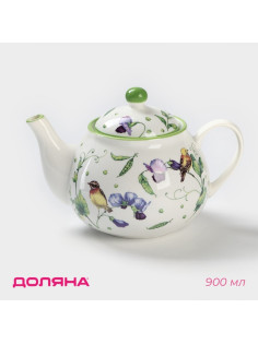 Заварочный чайник Доляна «Зелёный сад», 900 мл, фарфор, белый