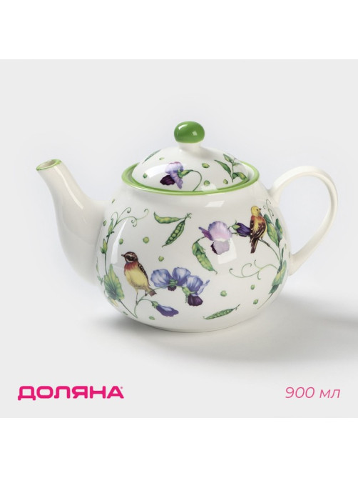 Заварочный чайник Доляна «Зелёный сад», 900 мл, фарфор, белый