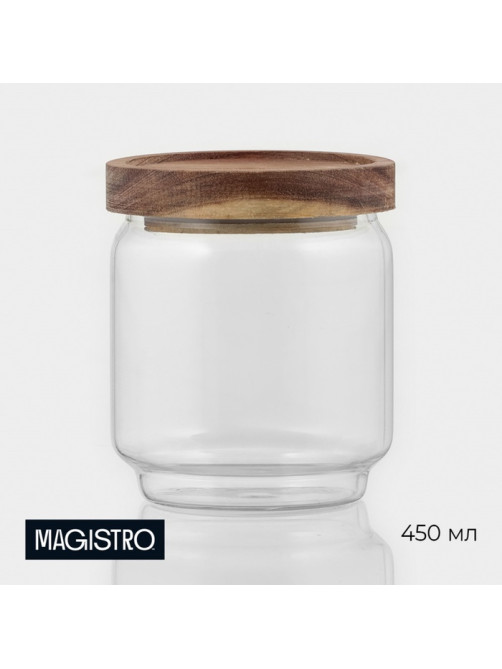 Сахарница Magistro Village, 450 мл, 9×10 см, с крышкой, стекло, акация, прозрачная