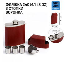 Фляжка Мастер К, 240 мл, 3 стопки и воронка, в чехле, 8 oz, нержавеющая сталь, экокожа, красная