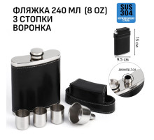 Фляжка Мастер К, 240 мл, 3 стопки и воронка, в чехле, 8 oz, нержавеющая сталь, экокожа, чёрная