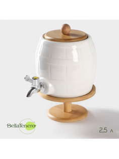 Бочонок фарфоровый с краником на деревянной подставке BellaTenero, 2.5 л, белое