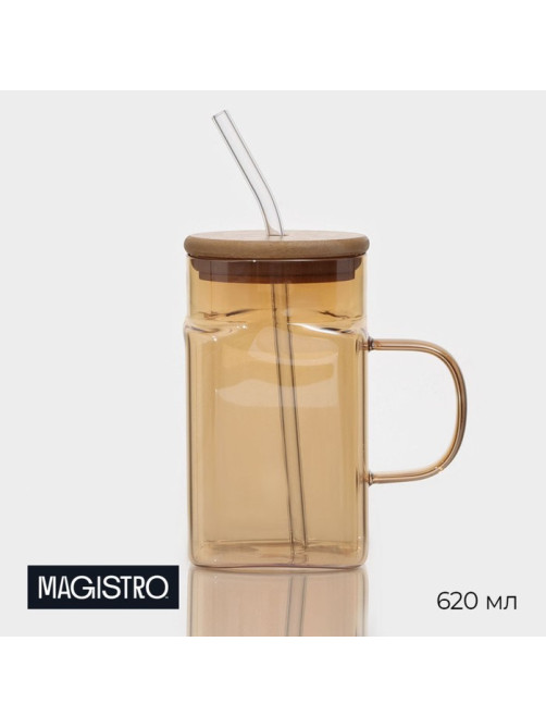 Банка Magistro «Эко», 620 мл, ручка, трубочка, с бамбуковой крышкой, стекло, прозрачная, золотая