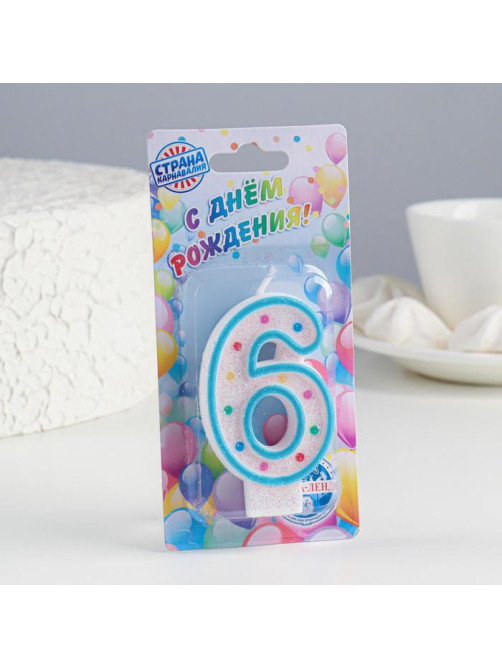 Свеча для торта «‎Горошек»‎, цифра 6, блестки, 7 см, МИКС