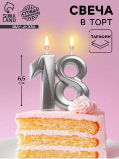 Свеча в торт «Грань», цифра 18, серебро