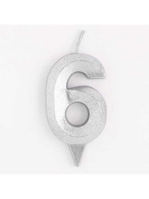 Свеча в торт «Цифра 6», серебряная, 6.5 см