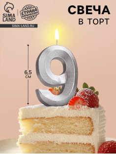 Свеча в торт «Цифра 9», серебряная, 6.5 см