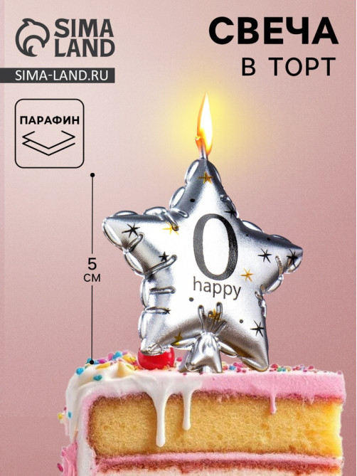 Свеча в торт на шпажке «Воздушный шарик.Звезда», цифра 0, 5.5 см, серебряная