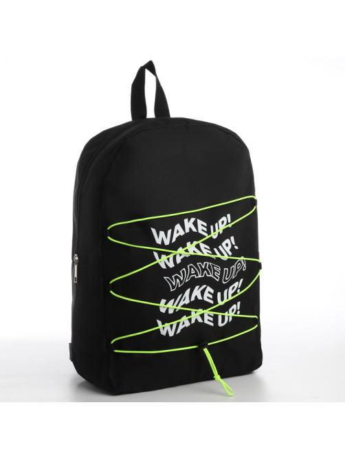 Рюкзак школьный текстильный со шнуровкой WAKE UP, 38×29×11 см, чёрный