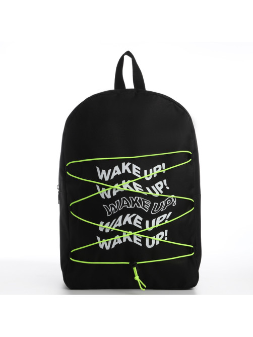 Рюкзак школьный текстильный со шнуровкой WAKE UP, 38×29×11 см, чёрный