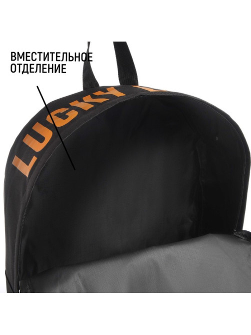 Рюкзак школьный текстильный с печатью на верхней части LUCKY, 38×29×11 см, чёрный