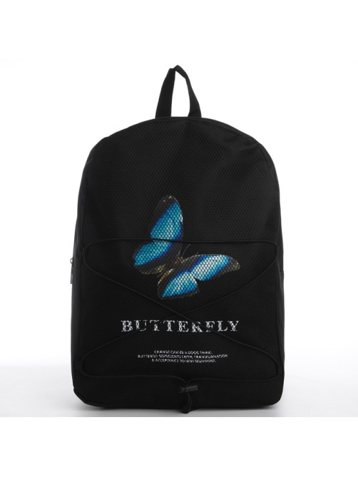 Рюкзак школьный текстильный со шнуровкой BUTTERFLY, 38×29×11 см, чёрный