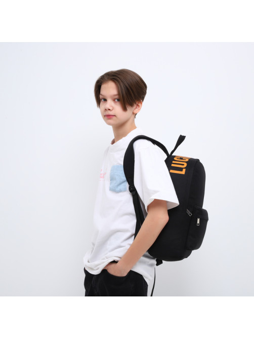 Рюкзак школьный текстильный с печатью на верхней части LUCKY, 38×29×11 см, чёрный