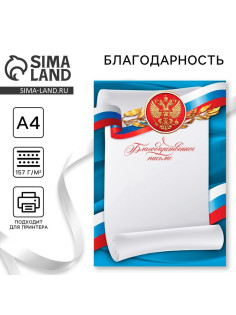 Благодарность А4 символика РФ, триколор, 157 г/м²