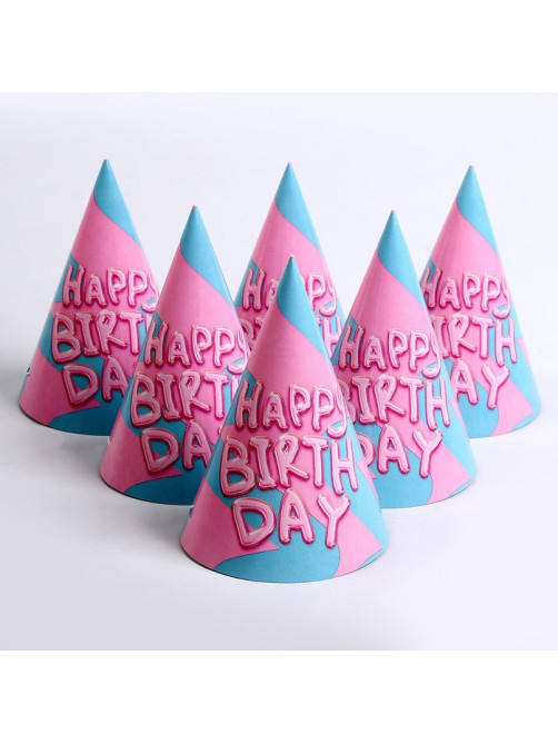 Колпак бумажный Happy Birthday, (набор 6 шт.)