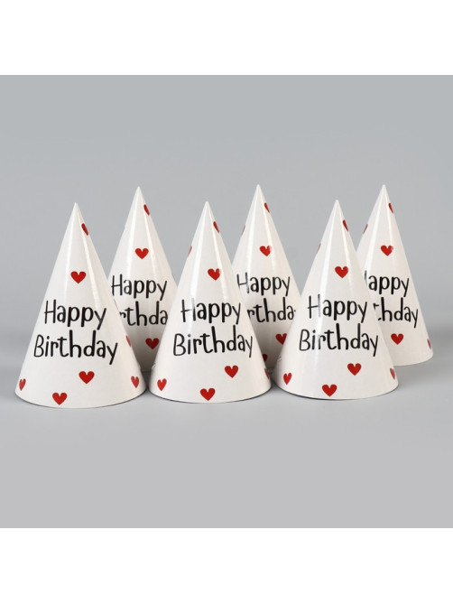 Колпак бумажный на день рождения Happy Birthday, набор 6 шт.