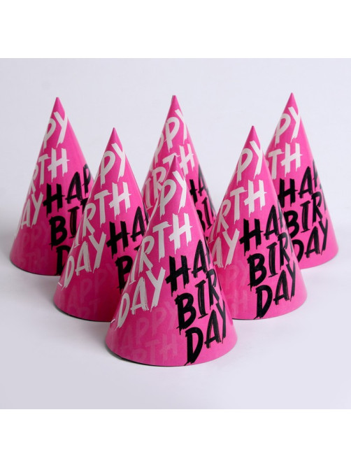 Колпак бумажный на день рождения Happy Birthday, в наборе 6 шт.