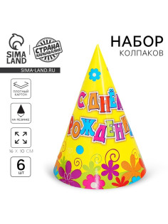 Бумажные колпаки «С днём рождения! Цветы», набор 6 шт., 16 см