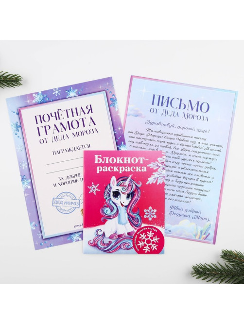 Подарочный набор новогодний, письмо от Деда Мороза, блокнот-раскраска, грамота «Волшебный единорог»