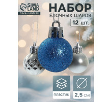 Ёлочные игрушки «Альянс», шары новогодние, d=2.5 см, набор 12 шт., серебристый/синий