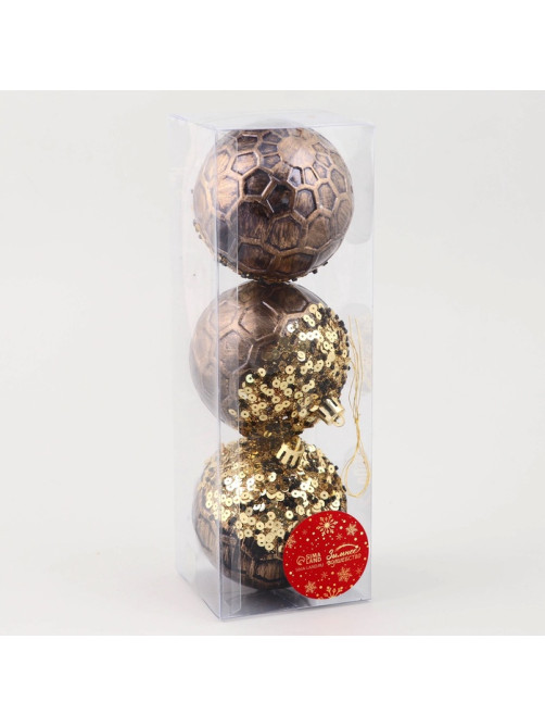 Ёлочные игрушки «Сказочные узоры» снежинки, шары новогодние, d=8 см, набор 3 шт., золотисто-коричневый