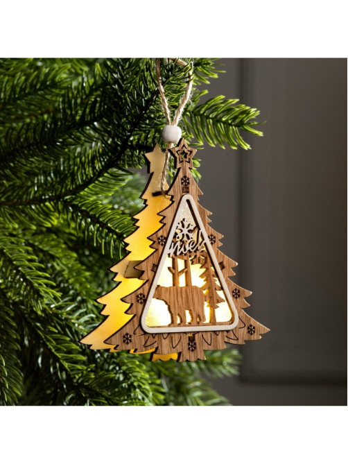 Ёлочная игрушка «Ёлочка с медведем», 11×11×2 см, от батареек, свечение тёплое белое