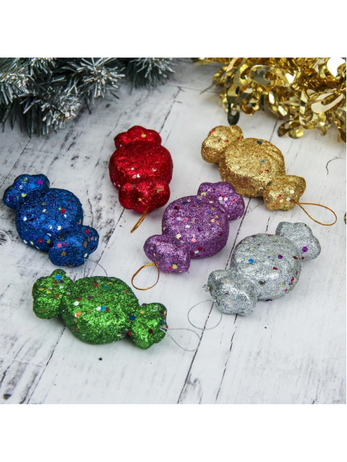 Ёлочные игрушки 6 шт. «Конфеты с блёстками» 3.5×7.5 см, МИКС