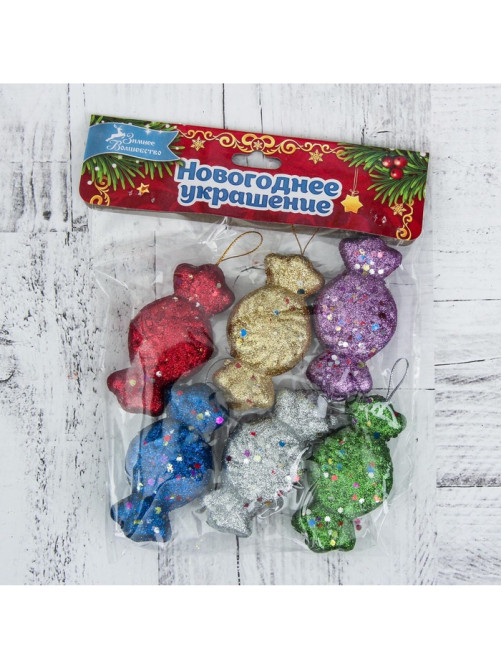 Ёлочные игрушки 6 шт. «Конфеты с блёстками» 3.5×7.5 см, МИКС