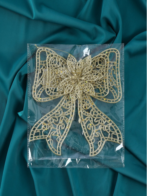 Ёлочная игрушка «Зимнее волшебство. Бант с цветком» пластик, 18×12.5 см, золото