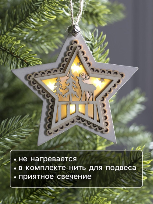 Ёлочная игрушка «Звезда с оленем», 10×10×2 см, 4 LED, от батареек, свечение тёплое белое