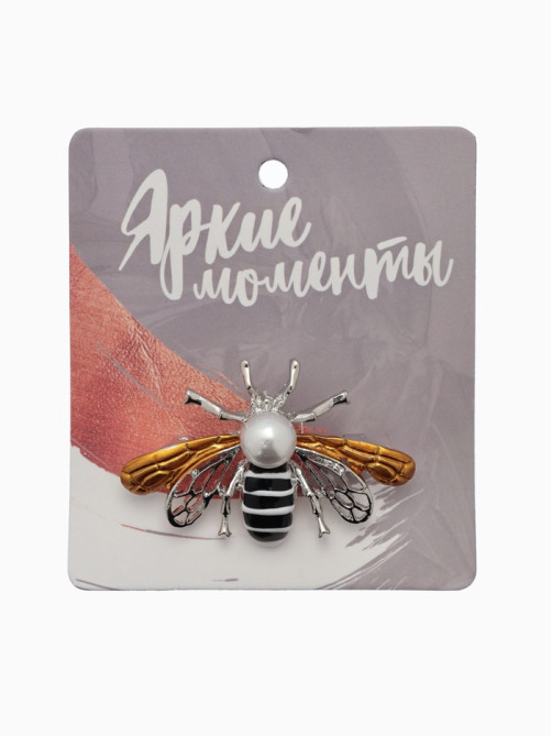 Брошь «Пчела», крупная, чёрная, белый в серебре