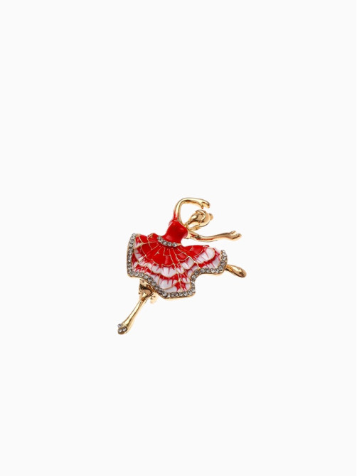 Брошь «Балерина», в пышном платье, красно-белая в золоте