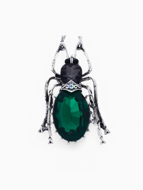 Брошь «Жук», серо-зелёная в чернёном серебре